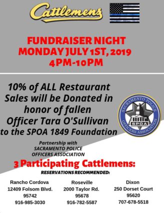 Funraiser Night. Monday July 1st, 2019 4pm-10pm. 10% of all Restaurant Sales will be donated in honor of fallen officer Tara O'Sullivan to the SPOA 1849 Foundation. 